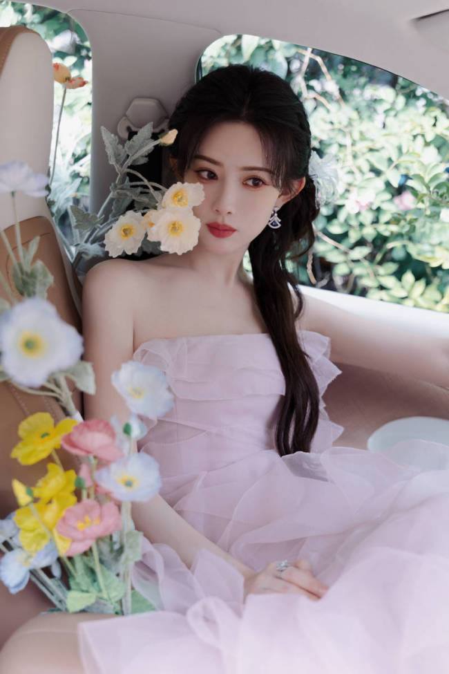 孟子义化身花仙子被繁花包围 淡紫色纱裙梦幻浪漫