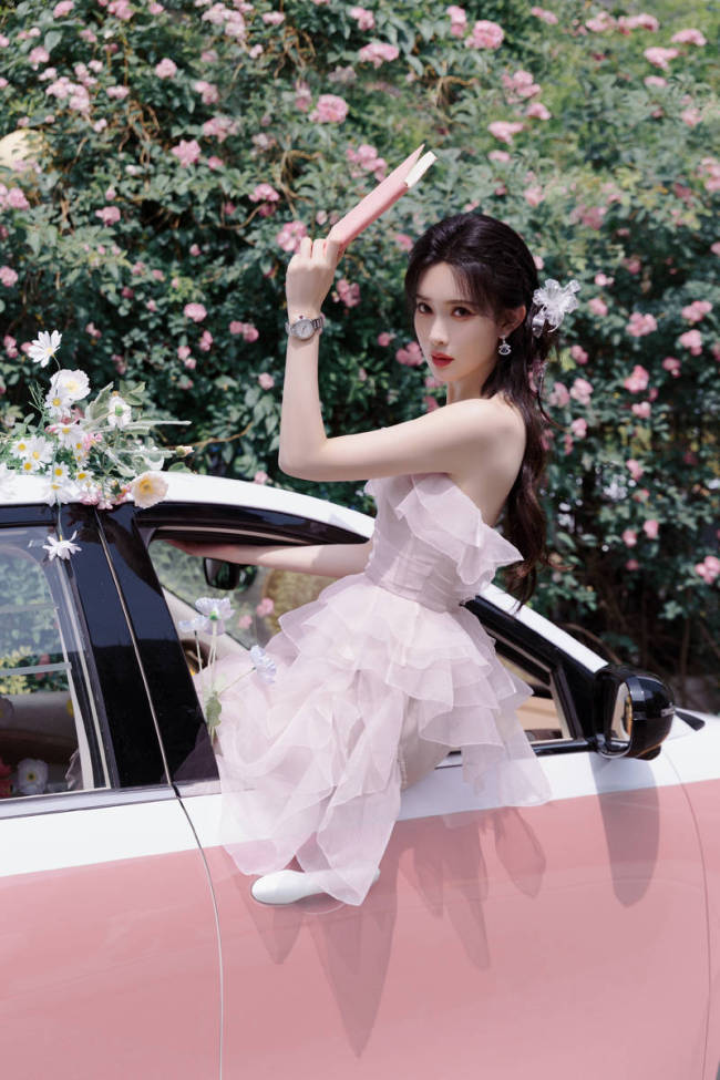 孟子义化身花仙子被繁花包围 淡紫色纱裙梦幻浪漫