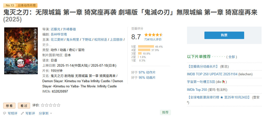 《鬼灭之刃:无限城篇 第一章》国内票房突破3亿元