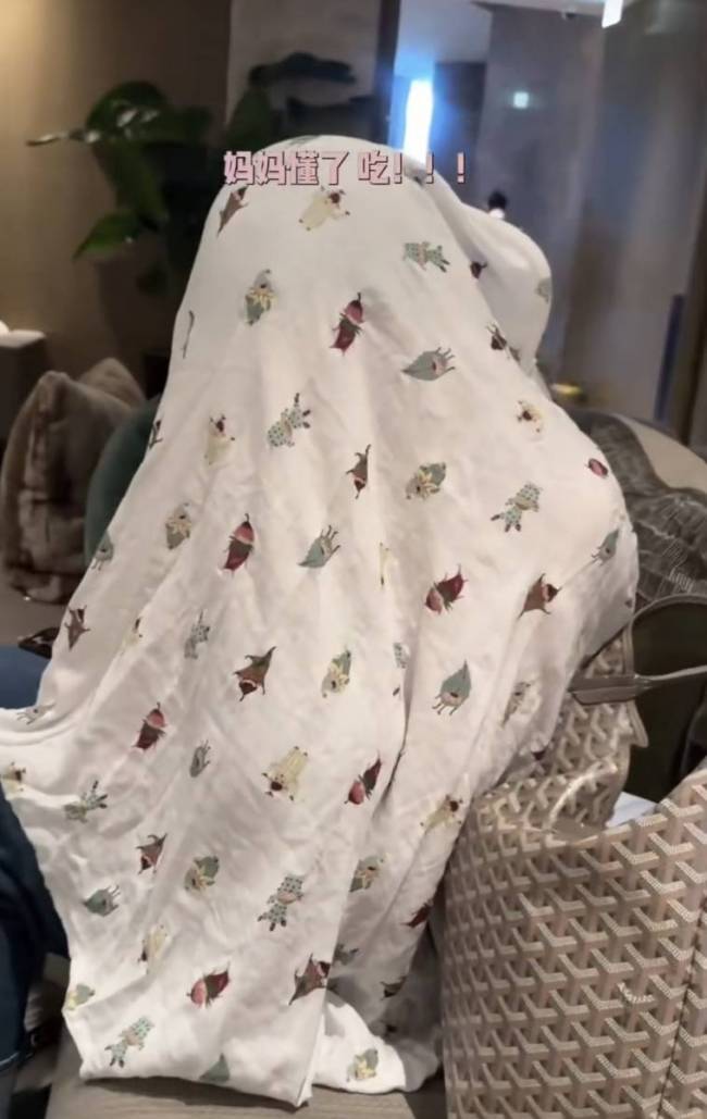 张檬一家出行打扮舒适 机场头盖布给儿子喂母乳